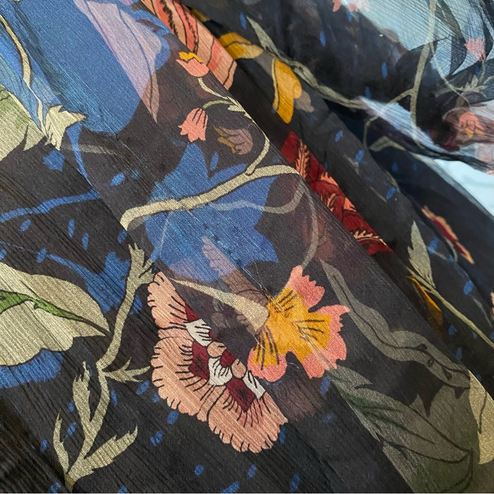 JOHNNY WAS NAVY BLUE GREEN FLORAL PRINT SILK SHEER LONG SLEEVE TAURI MAXI DRESS - Picture 10 of 13